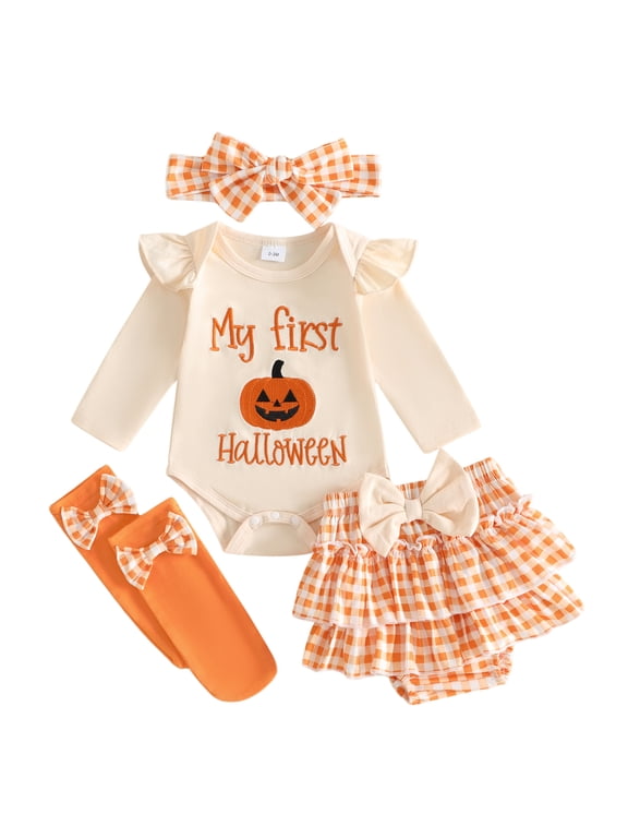 My First Halloween Baby Girl Outfit Newborn Pumpkin Print Romper Bodysuit+Tutu Skirt+Socks+Headband 4Pcs Set Fall Winter Clothes