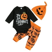 CHENGJI CHENGCHUAN My First Halloween Outfits 3M 6M 9M 12M 18M Infant Baby Boy Hat Long Sleeve Letter Romper Pumpkin Ghost Pants Set Fall Clothes
