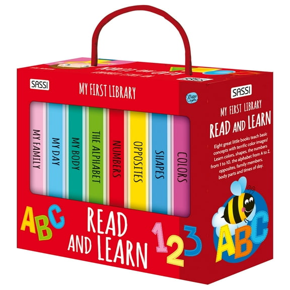 Sassi: My First Library - Read & Learn - 8 Cardboard Mini-Book Set, ABC's-Numbers-Body-Shapes-Colors-Family-Time, Portable Box, Kids-Toddlers Ages 2+