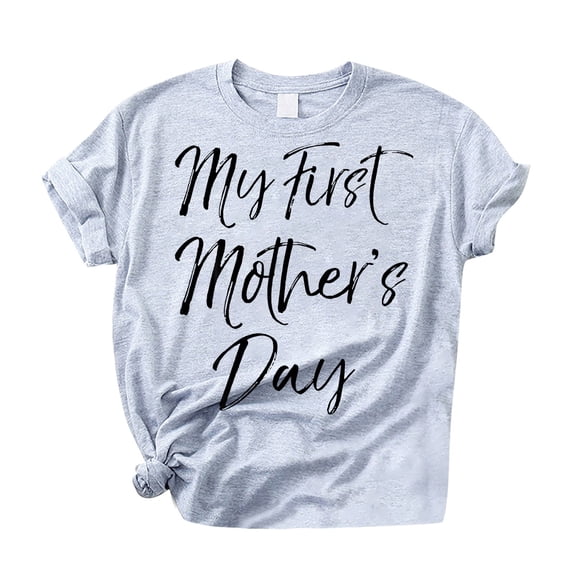 My First Mother's Day T Shirts Summer Short Sleeve Casual Loose Fit Tops Classic Crew Neck Floral Basic Tees (L, Gray)