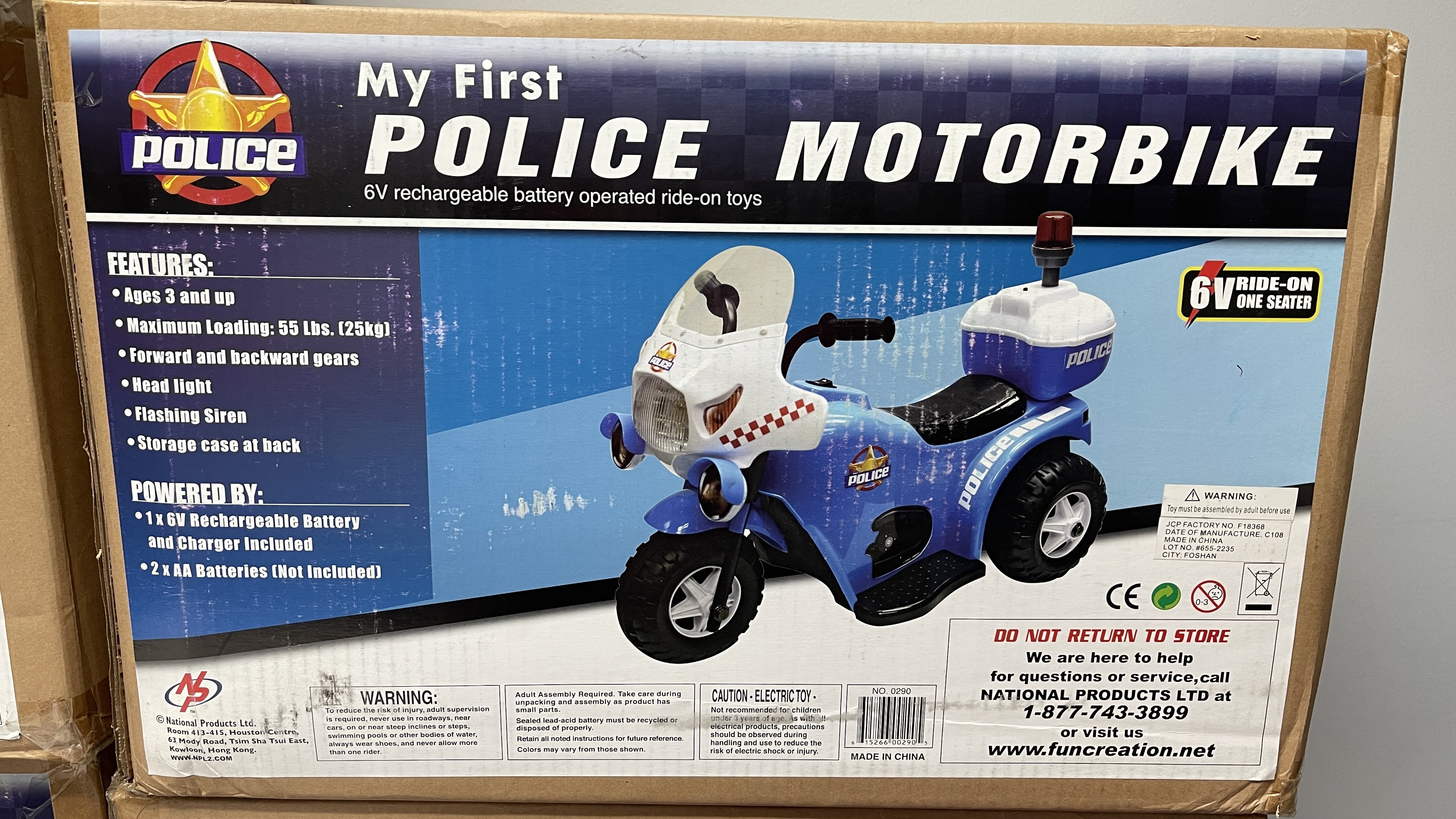 My First Police MotorBike Ride on Bike 6v Rechargeable Battery and Charger Included Blue Forward and Backward Gear Head Light, Flashing Siren Max Load 55 Lbs.