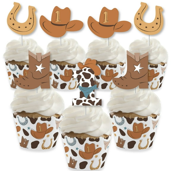 Big Dot of Happiness My First Rodeo - Cupcake Decoration - Little Cowboy 1st Birthday Party Cupcake Wrappers and Treat Picks Kit - Set of 24
