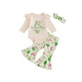 thumbnail image 1 of My First St. Patrick's Day Baby Girl Outfit Green Ruffle Long Sleeve Romper Clover Print Flared Pants Headband 3Pcs Spring Clothes Set, 1 of 8