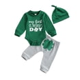 thumbnail image 1 of My First St. Patrick's Day Outfits Baby Boy Long Sleeve Romper Tops +Clover Print Pants +Hats Sets Spring Clothes, 1 of 7