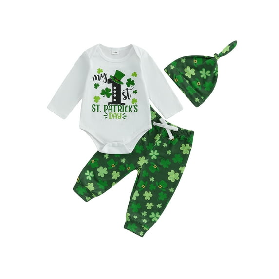 My First St. Patricks Day Baby Boy Girl Outfits Letter Print Long Sleeve Romper Long Pants Beanie Hat 3Pcs Cute Clothes Set