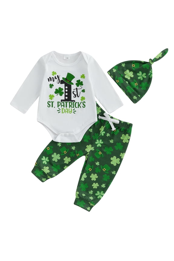My First St. Patricks Day Baby Boy Girl Outfits Letter Print Long Sleeve Romper Long Pants Beanie Hat 3Pcs Cute Clothes Set