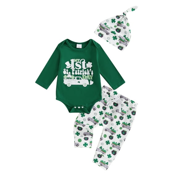 My First St. Patricks Day Baby Boy Girl Outfits Letter Print Long Sleeve Romper Long Pants Beanie Hat 3Pcs Cute Clothes Set