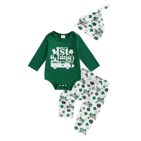 My First St. Patricks Day Baby Boy Girl Outfits Letter Print Long Sleeve Romper Long Pants Beanie Hat 3Pcs Cute Clothes Set