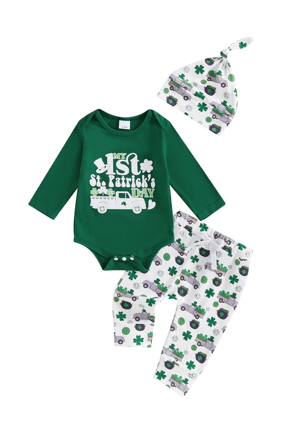 My First St. Patricks Day Baby Boy Girl Outfits Letter Print Long Sleeve Romper Long Pants Beanie Hat 3Pcs Cute Clothes Set