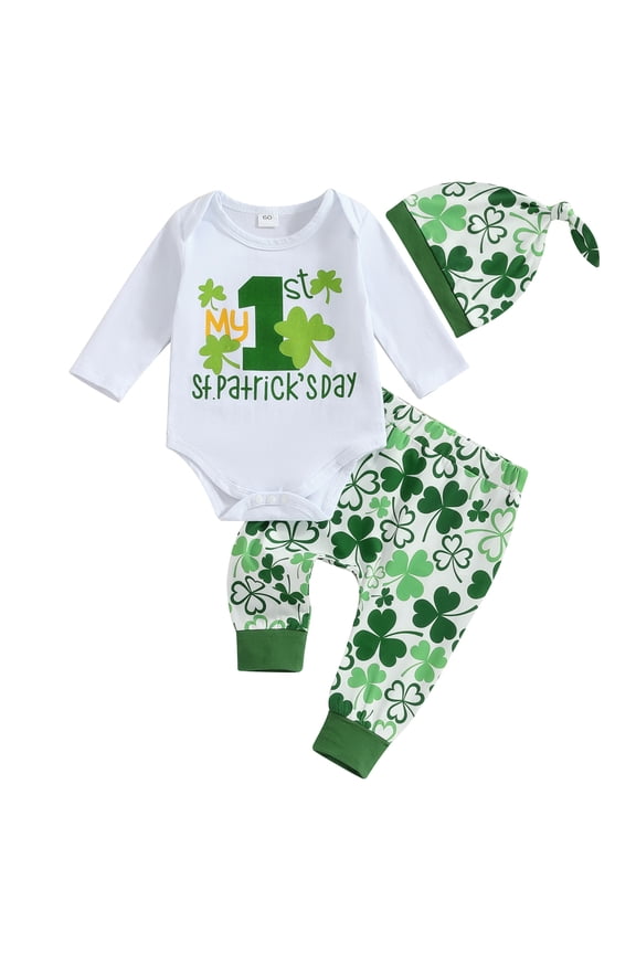 My First St. Patricks Day Baby Boy Girl Outfits Shamrock Print Long Sleeve Romper Pants Beanie 3 6 9 12 18 Months Spring Clothes Set