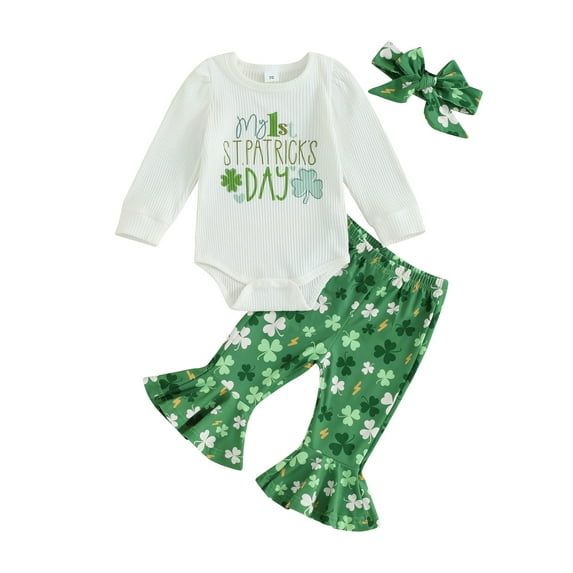 My First St. Patricks Day Baby Girl Outfits 3 6 9 12 18 Months Clover Print Romper Flared Pants Headband 3Pcs Spring Clothes