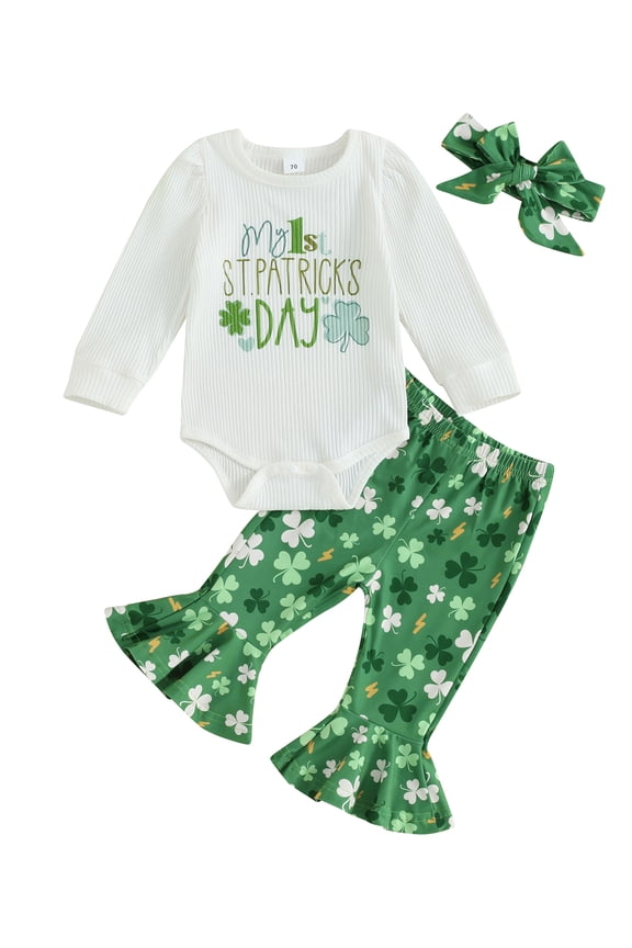 My First St. Patricks Day Baby Girl Outfits 3 6 9 12 18 Months Clover Print Romper Flared Pants Headband 3Pcs Spring Clothes