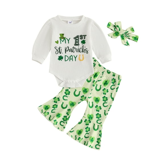 My First St. Patricks Day Baby Girl Outfits 3 6 9 12 18 Months Clover Print Romper Flared Pants Headband 3Pcs Spring Clothes