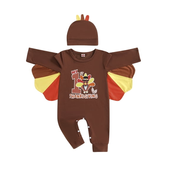 My First Thanksgiving Baby Boy Outfit Infant Turkey Print Long Sleeve Jumpsuit Romper with Hat 0 3 6 12 18 Months Fall Clothes Set