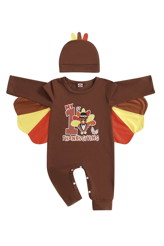 My First Thanksgiving Baby Boy Outfit Infant Turkey Print Long Sleeve Jumpsuit Romper with Hat 0 3 6 12 18 Months Fall Clothes Set