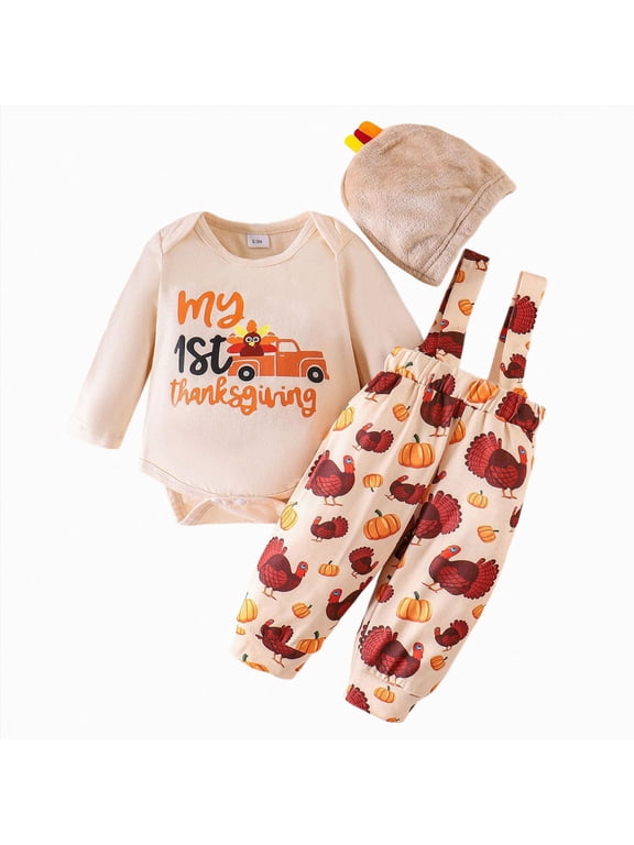 My First Thanksgiving Baby Boy Outfit Long Sleeve Bowtie Romper Suspender Pants with Hat 3 Piece Clothes Set 0-18 Months Kaprioy Baby Boy Clothes