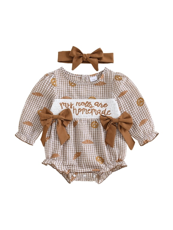 My First Thanksgiving Baby Girl Outfit Newrborn Plaid Bubble Romper Smocked Croissant Bodysuit Baby Girl Fall Clothes