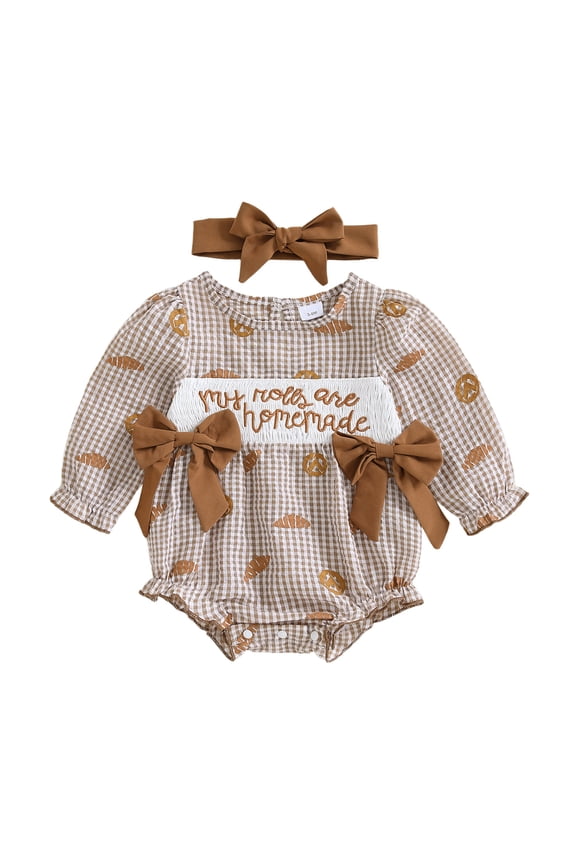 My First Thanksgiving Baby Girl Outfit Newrborn Plaid Bubble Romper Smocked Croissant Bodysuit Baby Girl Fall Clothes