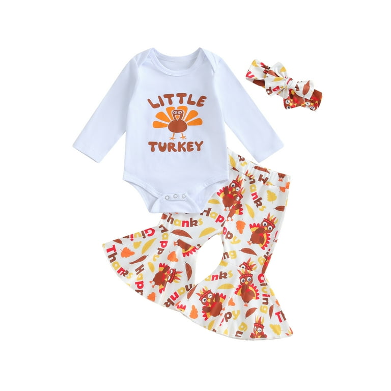 My First Thanksgiving Baby Girl Outfits Little Turkey Print Long Sleeve Onesie Flared Pants 3Pcs Fall Winter Clothes