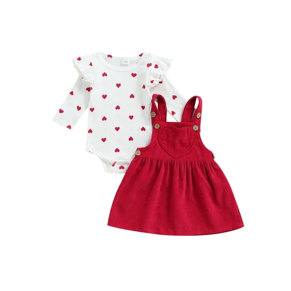 My First Valentine's Day Newborn Infant Baby Girl Outfits Heart Print Ribbed Romper Corduroy Strap Dress Skirt Set