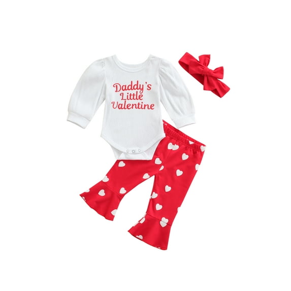 My First Valentines Day Baby Girl Outfit Daddy's Little Valentine Onesie+Bell Bottoms+Headband Newborn Valentines Day Clothes
