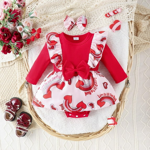 My First Valentines Day Baby Girl Outfit Love Print Long Sleeve Romper Top Skirt 2 Piece Sets Baby Girl Clothes for Baby Girls 6-12 Months