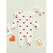 IMISSILLEB My First Valentines Day Baby Girl Outfit Newborn Long Sleeve Button Jumpsuit Heart Knit Bodysuit + Headband 0-18 Months (White,0-3 Months)
