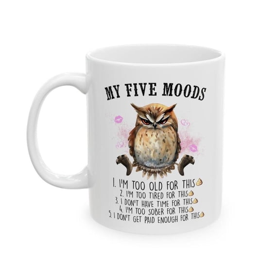 My Five Moods Funny Owl Mug 11oz Coffee Cup Sarcastic Coworker