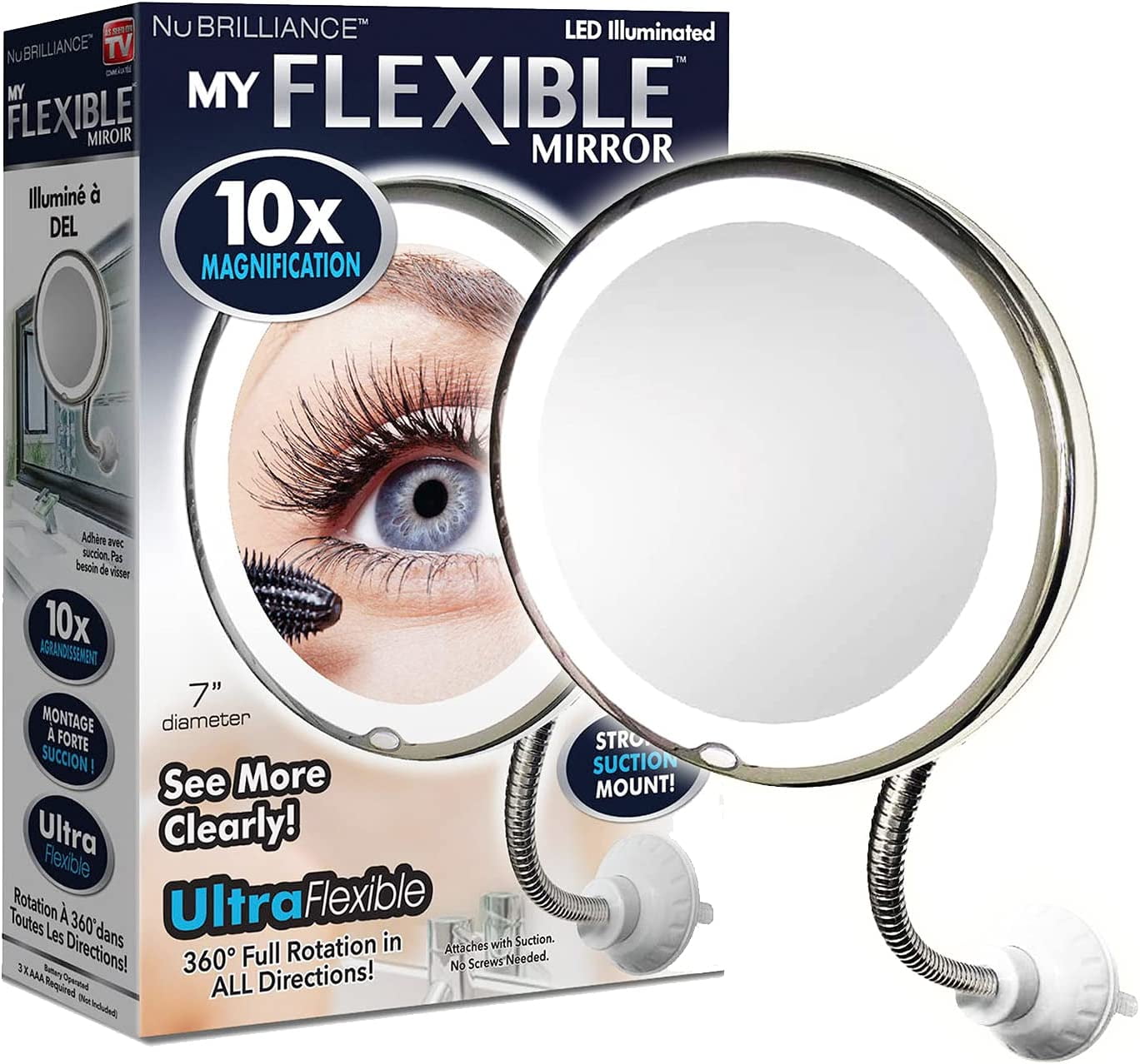 My Flexible Mirror Deluxe 10x Magnification 8” Make Up Round Vanity Mirror for Home, Bathroom Use with Super Strong Suction Cups As Seen on TV
