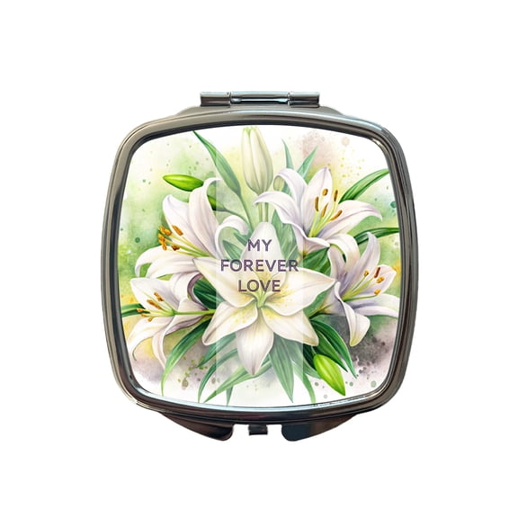 My Forever Love Wedding Anniversary Valentine's Easter Lily Flowers Travel Makeup Handbag Purse Small Pocket Compact Mirror
