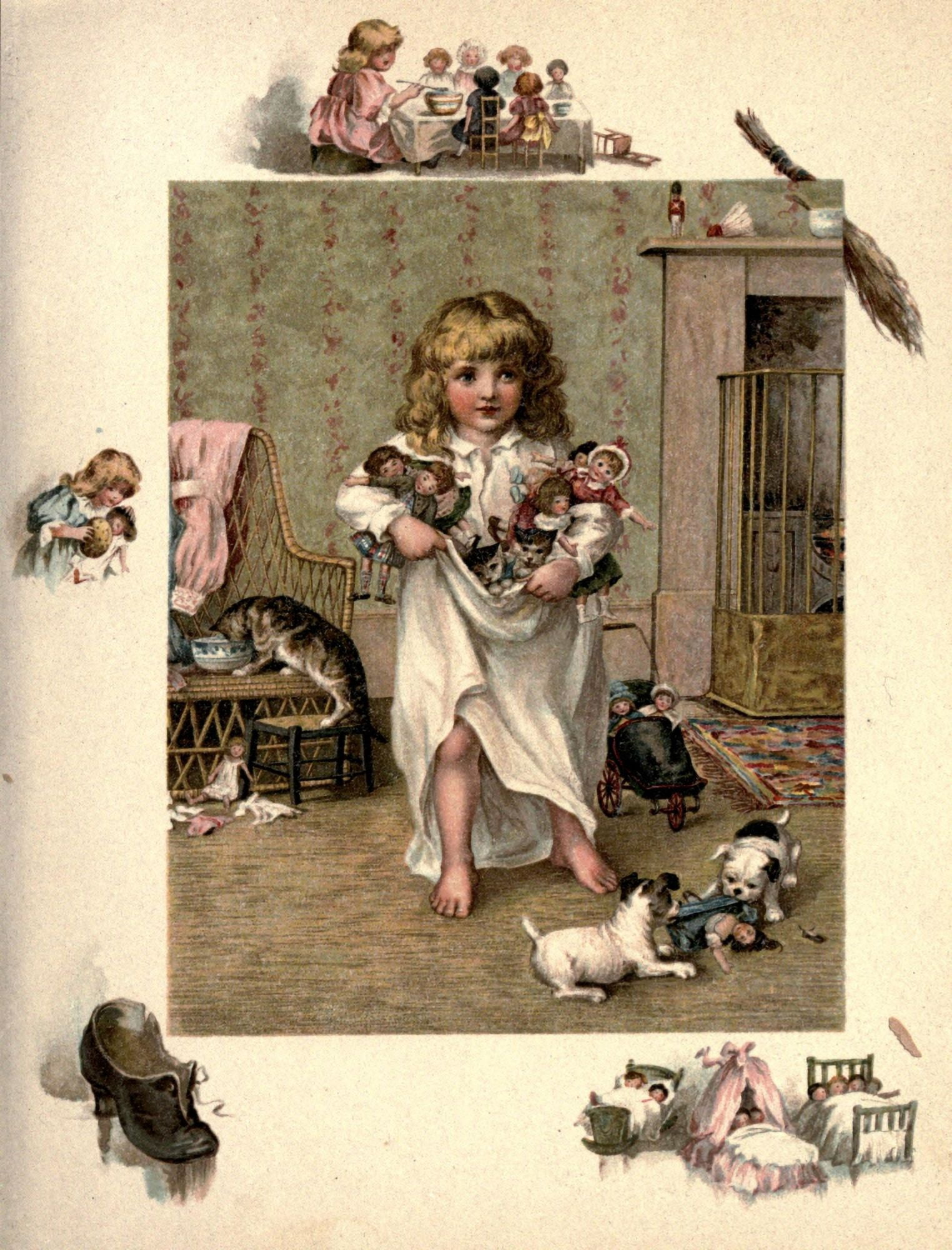 My Friend Doggie c1890 Girl with kittens & puppies Canvas Art - Unknown (18 x 24)