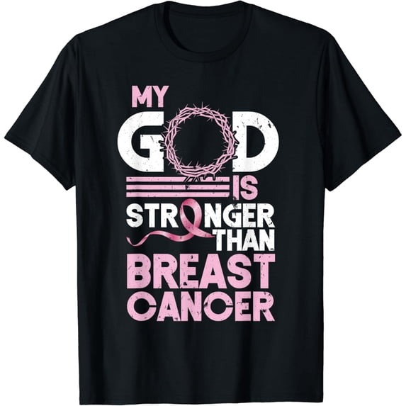 My God Is Stronger Than Breast Cancer Awareness Christian T-Shirt Black 4X-Large