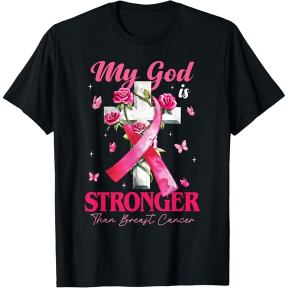 My God Is Stronger Than Breast Cancer Awareness Cross Flower T-Shirt