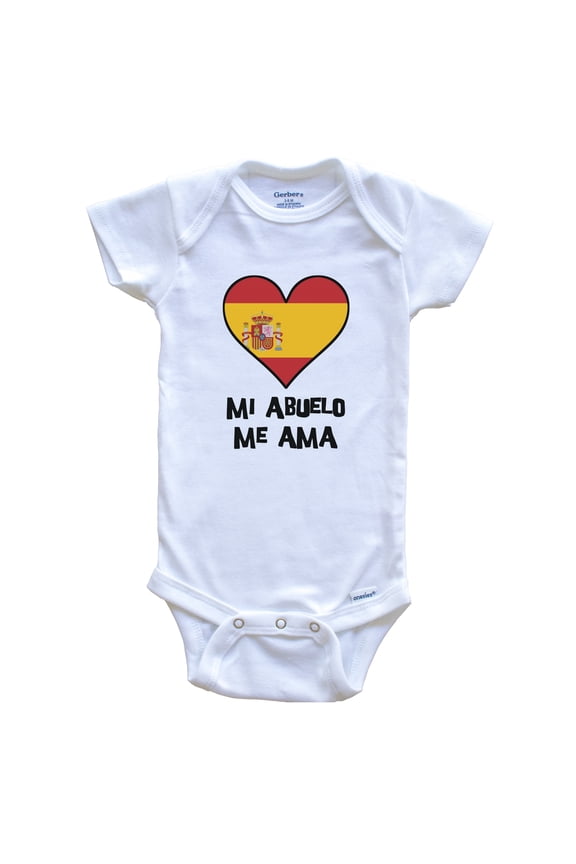 My Grandpa Loves Me Spanish Language Spain Flag Heart Baby Bodysuit - Mi abuelo me ama, 0-3 Months White