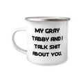 thumbnail image 1 of My Gray Tabby and I Talk Shit About You. Gray Tabby Cat 12oz Camper Mug, Sarcastic Gray Tabby Cat Gifts, For Cat Lovers, Unique gray tabby cat gifts, Personalized gray tabby cat gifts, Custom gray, 1 of 2