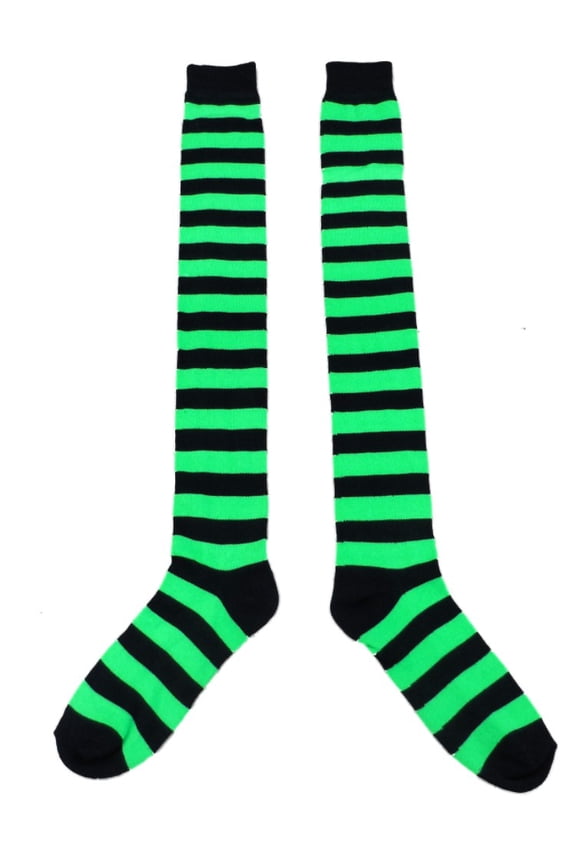 Womens Long Neon Green & Black Striped Over the Knee Socks