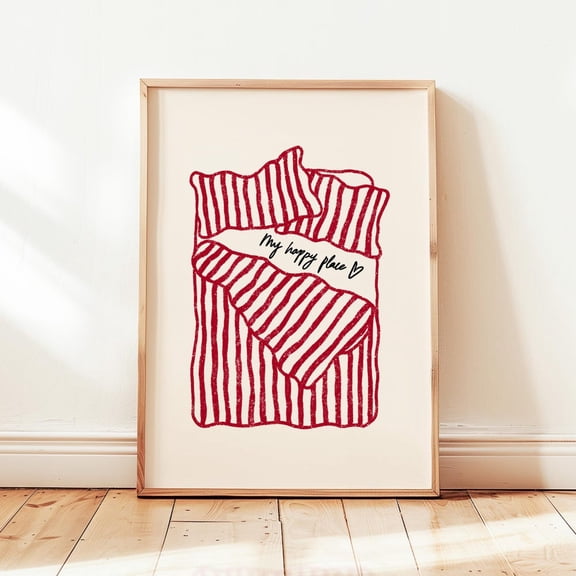 My Happy Place Bed Print, Red Minimalist Girly Home Poster, Bedroom Wall Decor, UNFRAMED PAPER POSTER, Home Decor, Vintage Gift, Living Room Dercor