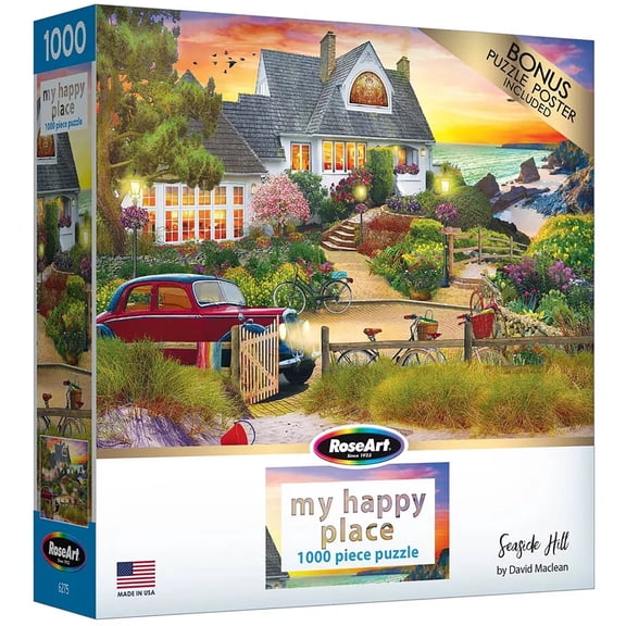RoseArt: My Happy Place - Seaside Hill - 1000 Piece Puzzle - Tranquil Summer Cottage Scene, Adult Jigsaw, 19.2 x 26.6", Snap-Fit, Reference Art Poster