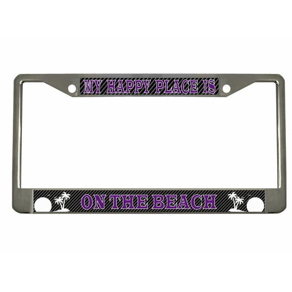 My Happy Place is on The Beach Style Metal License Plate Frame/Car Accessories Car Tag Holder Cover Carbon (Chrome/Carbon/Purple)