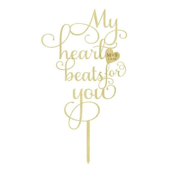 "My Heart Beats For You" Custom Wood Engraved Wedding Cake Topper Cake Decoration 5" Inches Wide