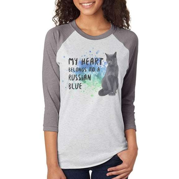 My Heart Belongs Russian Blue Cat Unisex Raglan T Shirt Premium Heather-Heather White X-LG