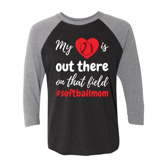 My Heart Is Out There Softball Mom Raglan Short Sleeve T-shirt-Premium Heather/Vintage Black-small