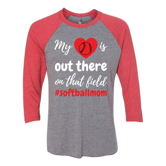 My Heart Is Out There Softball Mom Raglan Short Sleeve T-shirt-Vintage Red/Premium Heather-medium