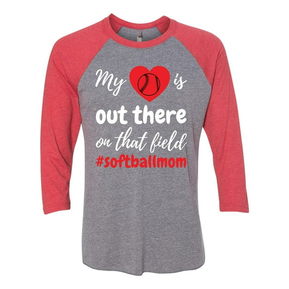 My Heart Is Out There Softball Mom Raglan Short Sleeve T-shirt-Vintage Red/Premium Heather-xxl