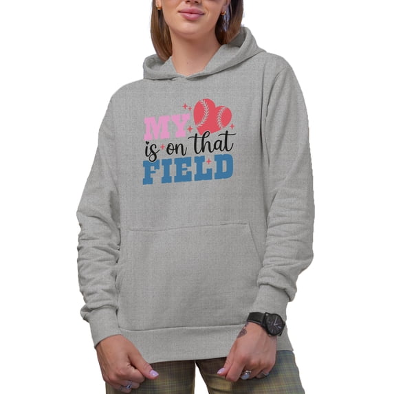 My Heart Is on That Field, Baseball Art Merch Gift, Heather Grey Hooded Sweatshirt or Hoodie, Medium