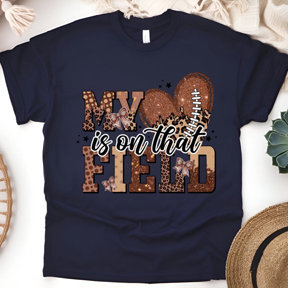 My Heart Is on That Field Shirt | Football Mom Game Day Graphic Tee, Navy, Size S