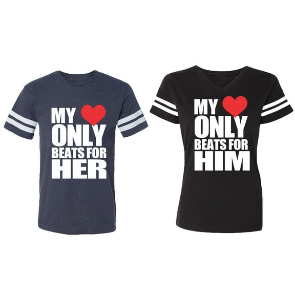 My Heart Only Beat For Her Him Matching Couple Cotton Jerseys (Men Navy / Women Black) (Men S / Women S)