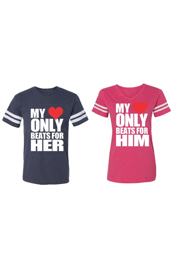 My Heart Only Beat For Her Him Matching Couple Cotton Jerseys (Men Navy / Women Pink) (Men L / Women L)