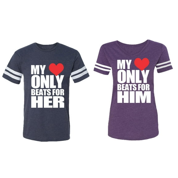 My Heart Only Beat For Her Him Matching Couple Cotton Jerseys (Men Navy / Women Purple) (Men L / Women XL)
