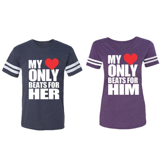 My Heart Only Beat For Her Him Matching Couple Cotton Jerseys (Men Navy / Women Purple) (Men XL / Women XXL)